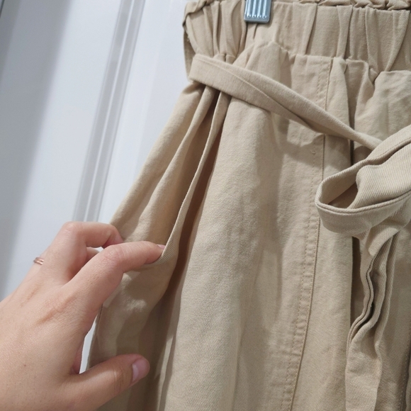 Tan Linen Cotton Blend Elastic Waist Midi Skirt, Tie Belt, Front Slit, Pockets - Picture 4 of 14